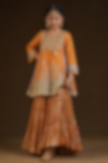 Burnt Orange Lurex Georgette Hand Painted & Embroidered Sharara Set For Girls by Arpita Sulakshana Kids at Pernia's Pop Up Shop