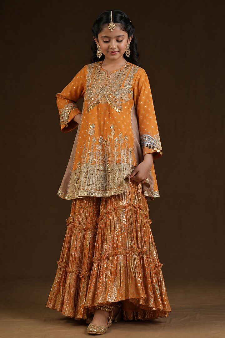 Burnt Orange Lurex Georgette Hand Painted & Embroidered Sharara Set For Girls by Arpita Sulakshana Kids at Pernia's Pop Up Shop