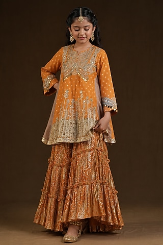 Burnt Orange Lurex Georgette Hand Painted & Embroidered Sharara Set For Girls by Arpita Sulakshana Kids