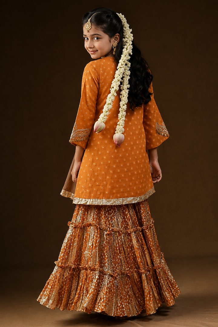 Burnt Orange Lurex Georgette Hand Painted & Embroidered Sharara Set For Girls by Arpita Sulakshana Kids at Pernia's Pop Up Shop