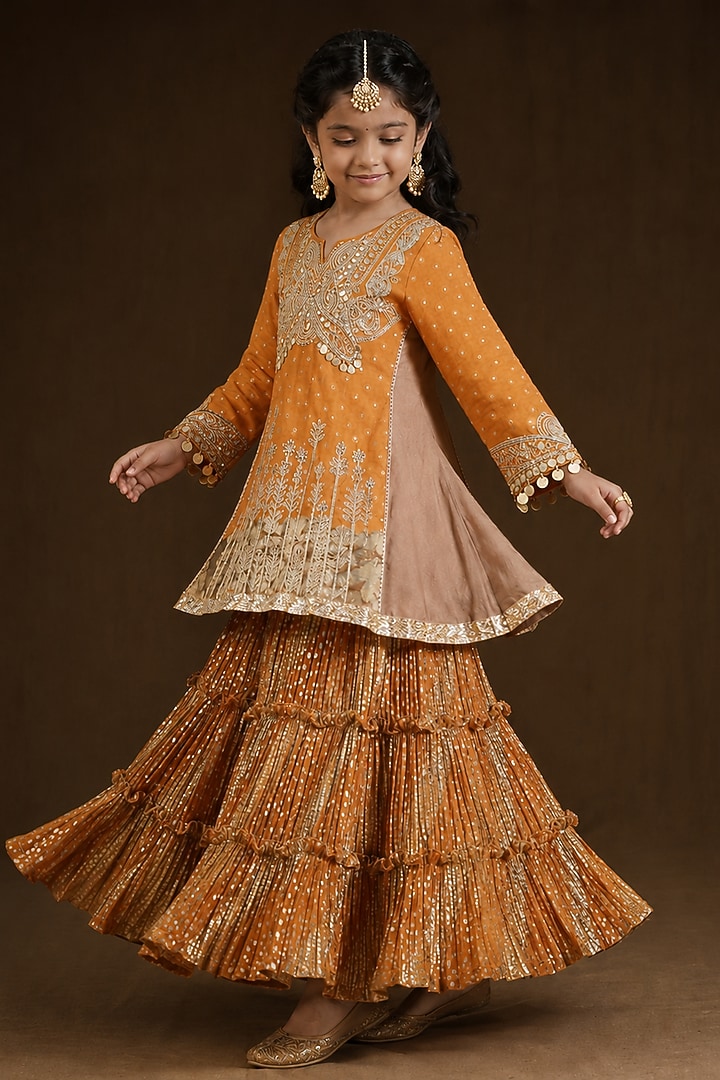 Burnt Orange Lurex Georgette Hand Painted & Embroidered Sharara Set For Girls by Arpita Sulakshana Kids at Pernia's Pop Up Shop