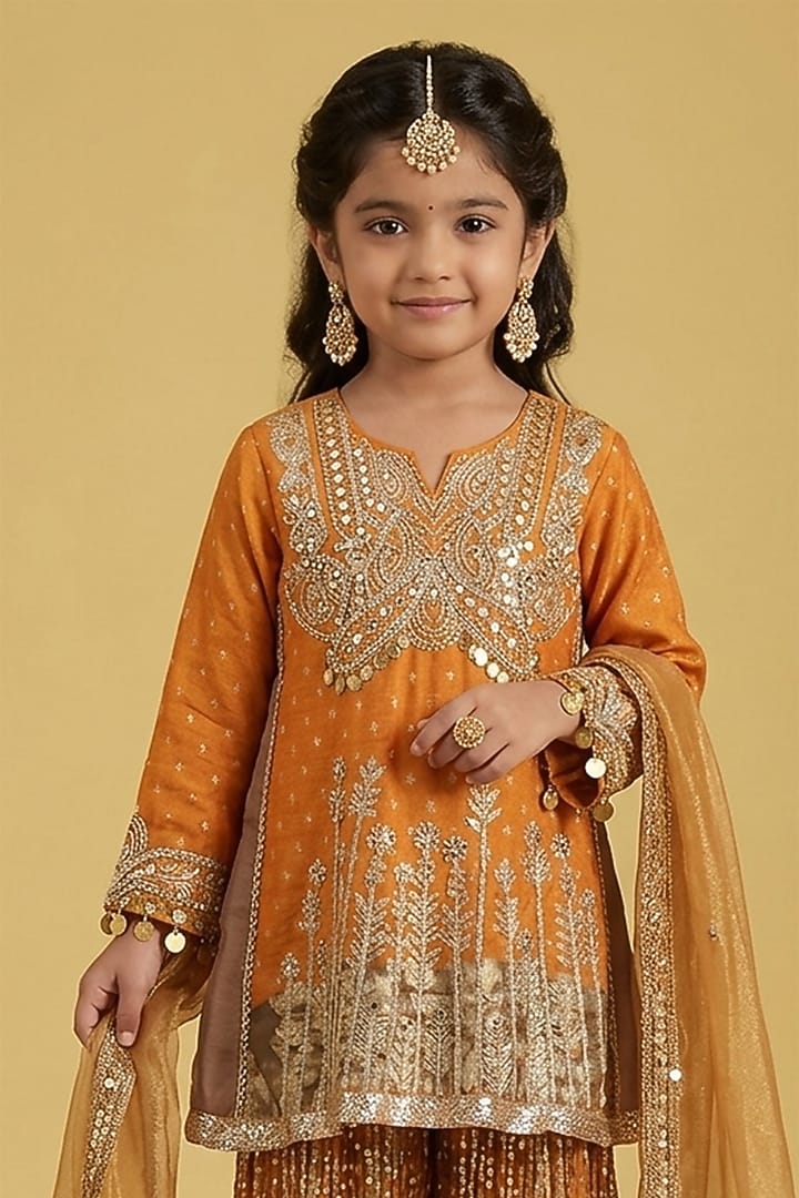 Burnt Orange Lurex Georgette Hand Painted & Embroidered Sharara Set For Girls by Arpita Sulakshana Kids at Pernia's Pop Up Shop