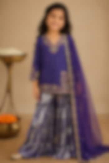 Purple Lurex Georgette Resham Embroidered Sharara Set For Girls by Arpita Sulakshana Kids at Pernia's Pop Up Shop