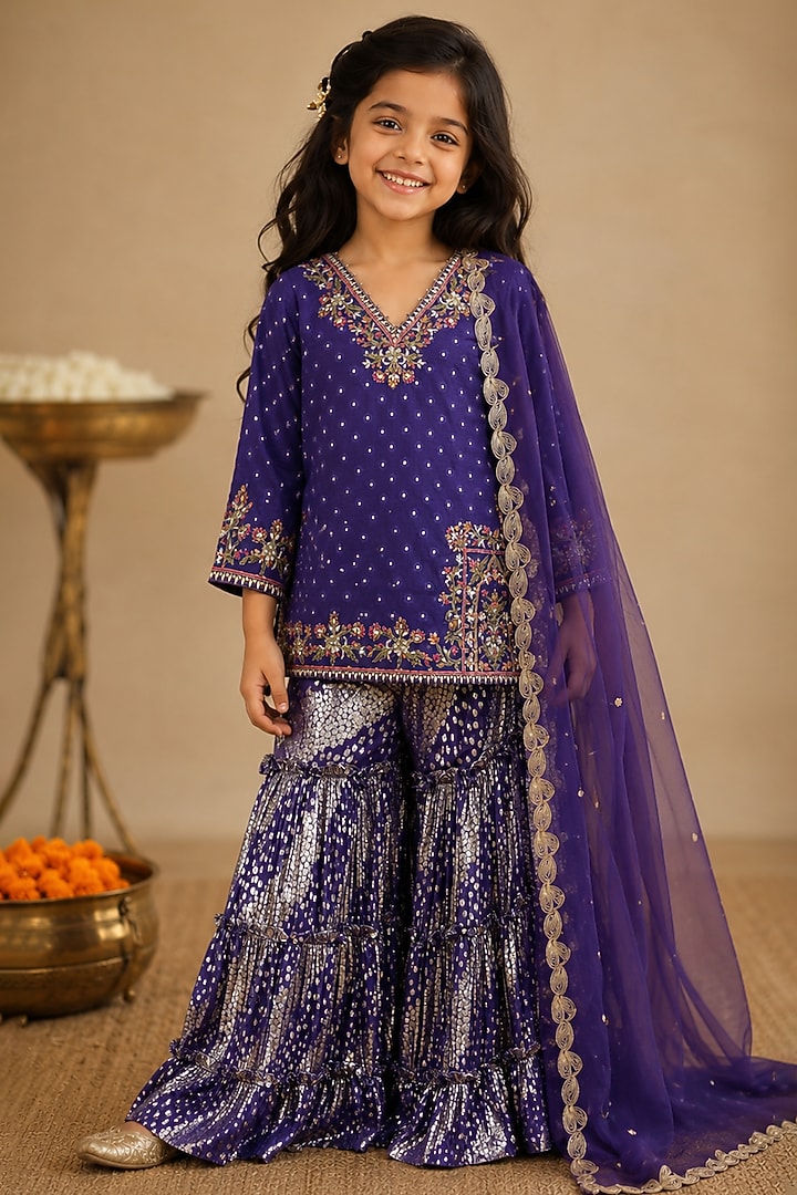 Purple Lurex Georgette Resham Embroidered Sharara Set For Girls by Arpita Sulakshana Kids at Pernia's Pop Up Shop