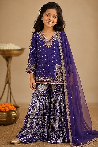 Purple Lurex Georgette Resham Embroidered Sharara Set For Girls by Arpita Sulakshana Kids