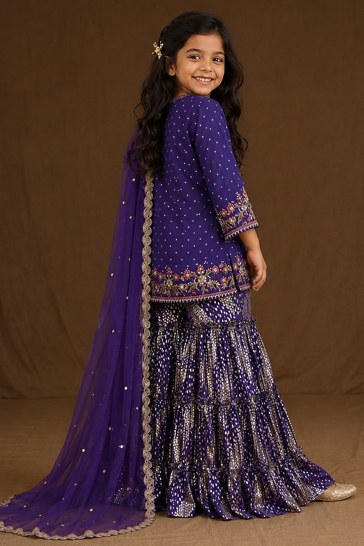 Purple Lurex Georgette Resham Embroidered Sharara Set For Girls by Arpita Sulakshana Kids at Pernia's Pop Up Shop
