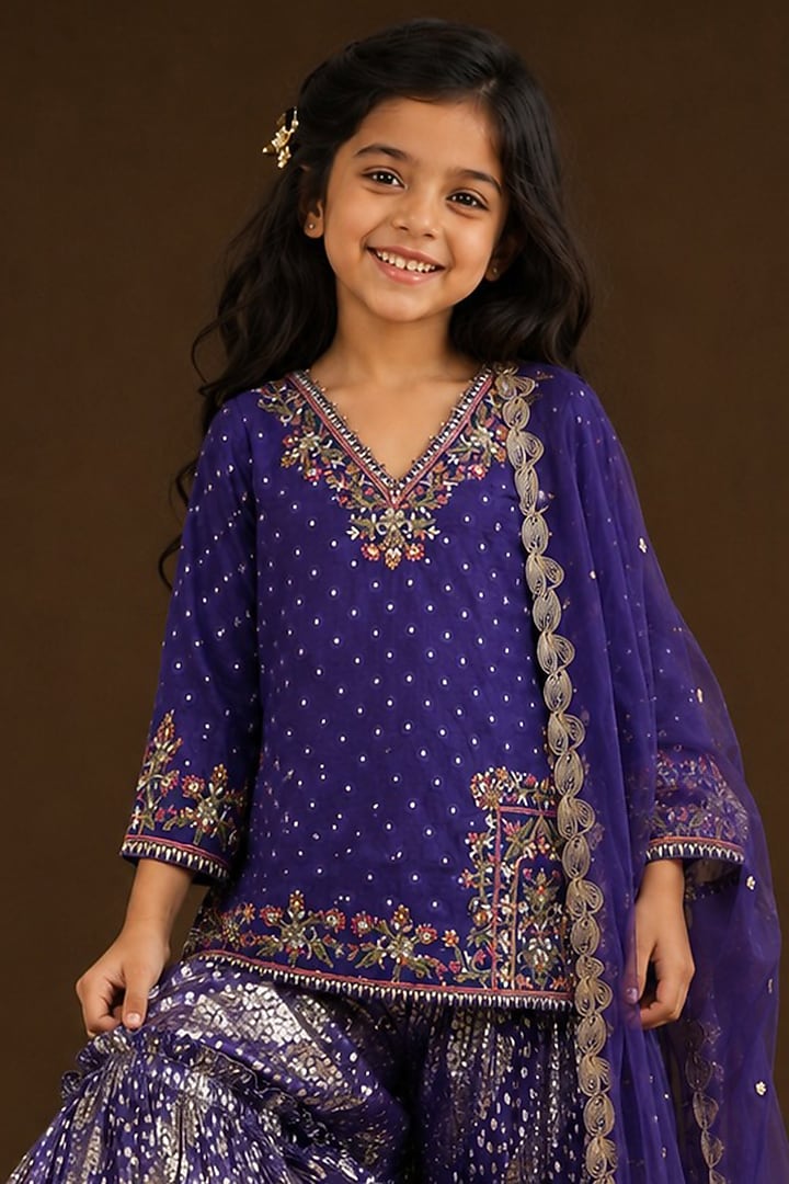 Purple Lurex Georgette Resham Embroidered Sharara Set For Girls by Arpita Sulakshana Kids at Pernia's Pop Up Shop