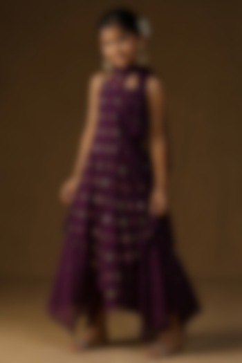 Purple Mul Chanderi Metal Charm Embellished Layered Dress For Girls by Arpita Sulakshana Kids at Pernia's Pop Up Shop