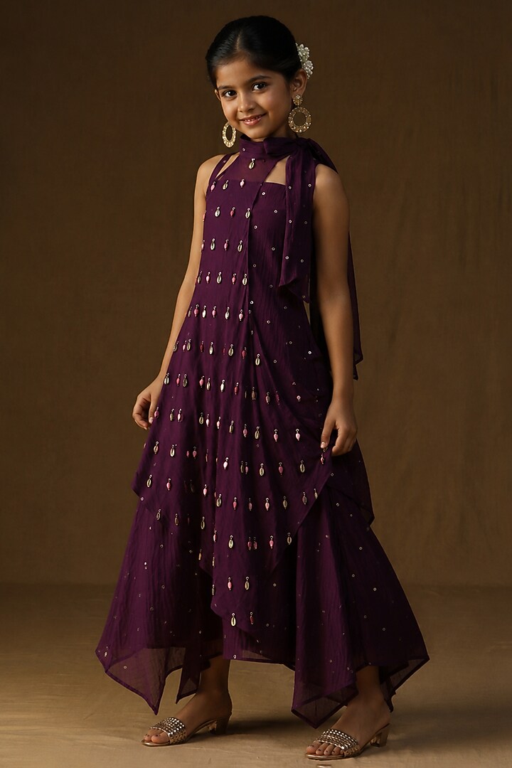 Purple Mul Chanderi Metal Charm Embellished Layered Dress For Girls by Arpita Sulakshana Kids at Pernia's Pop Up Shop