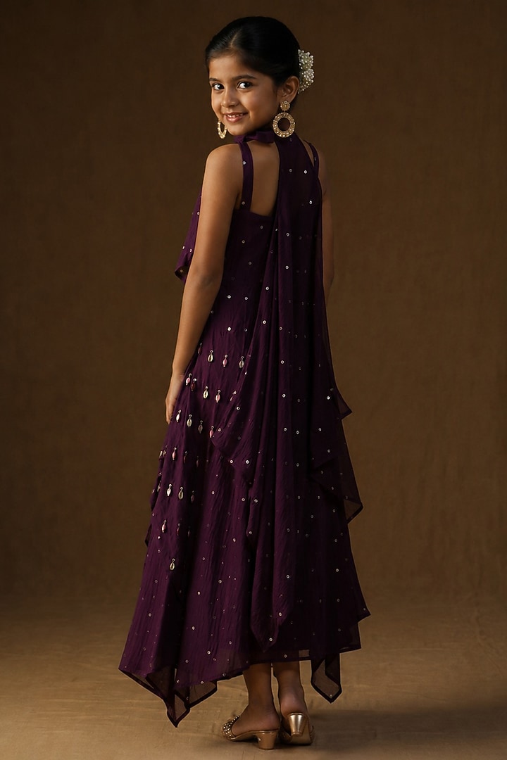Purple Mul Chanderi Metal Charm Embellished Layered Dress For Girls by Arpita Sulakshana Kids at Pernia's Pop Up Shop