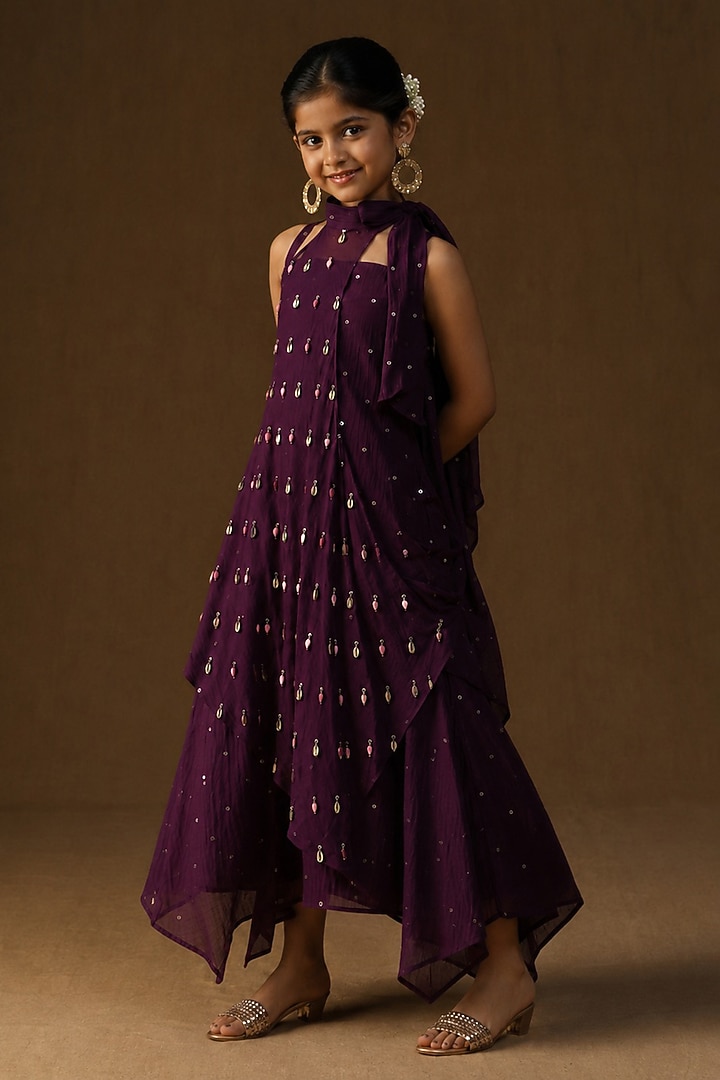 Purple Mul Chanderi Metal Charm Embellished Layered Dress For Girls by Arpita Sulakshana Kids at Pernia's Pop Up Shop