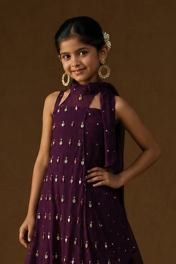 Purple Mul Chanderi Metal Charm Embellished Layered Dress For Girls by Arpita Sulakshana Kids at Pernia's Pop Up Shop