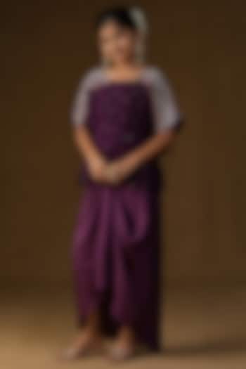Purple Summer Silk Embroidered Draped Skirt Set For Girls by Arpita Sulakshana Kids at Pernia's Pop Up Shop