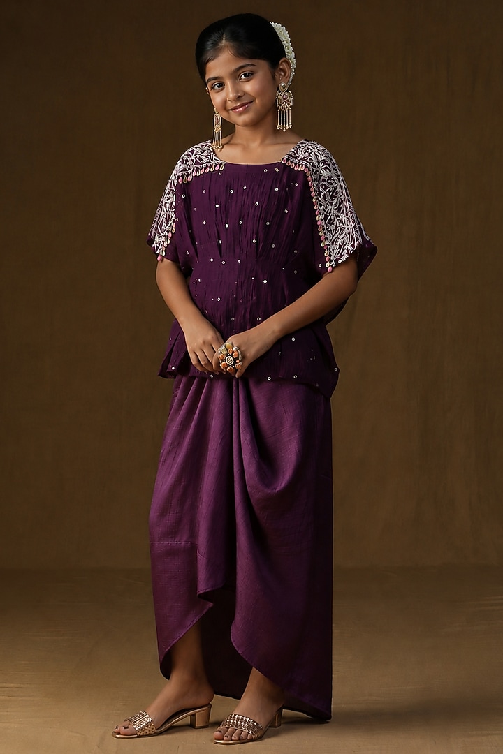 Purple Summer Silk Embroidered Draped Skirt Set For Girls by Arpita Sulakshana Kids at Pernia's Pop Up Shop