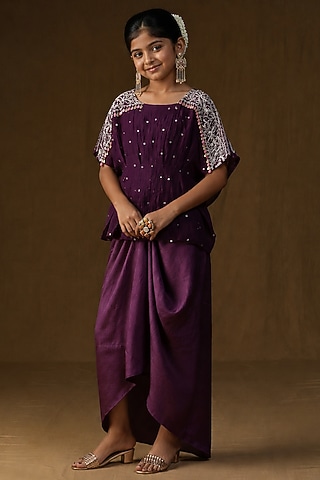 Purple Summer Silk Embroidered Draped Skirt Set For Girls by Arpita Sulakshana Kids