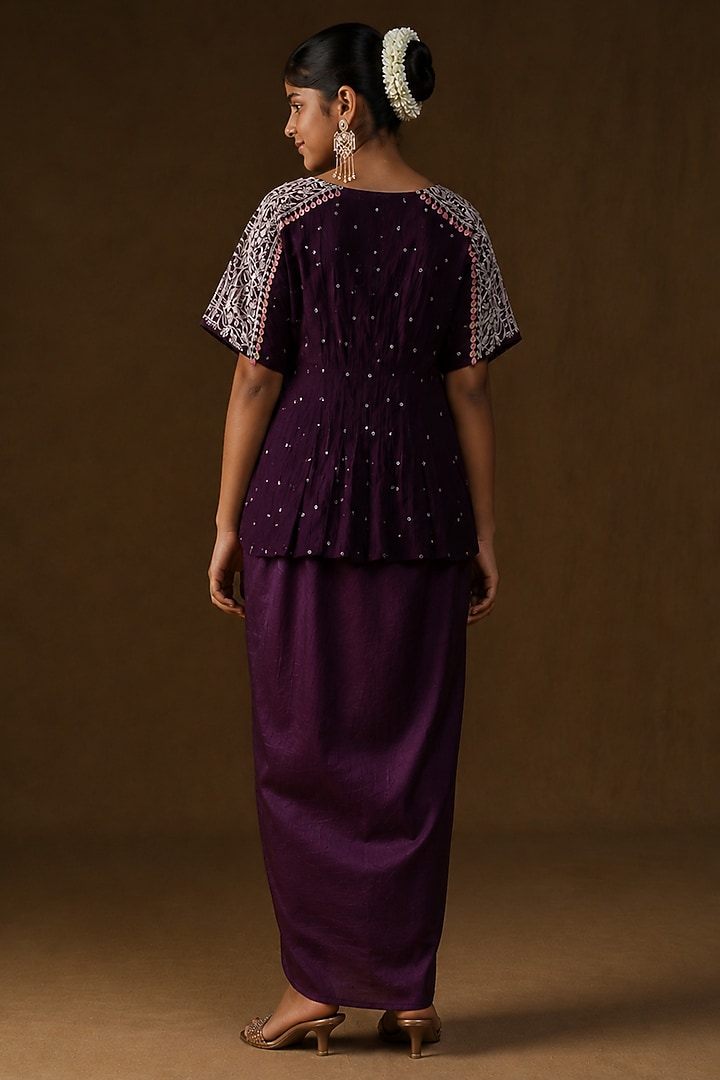 Purple Summer Silk Embroidered Draped Skirt Set For Girls by Arpita Sulakshana Kids at Pernia's Pop Up Shop