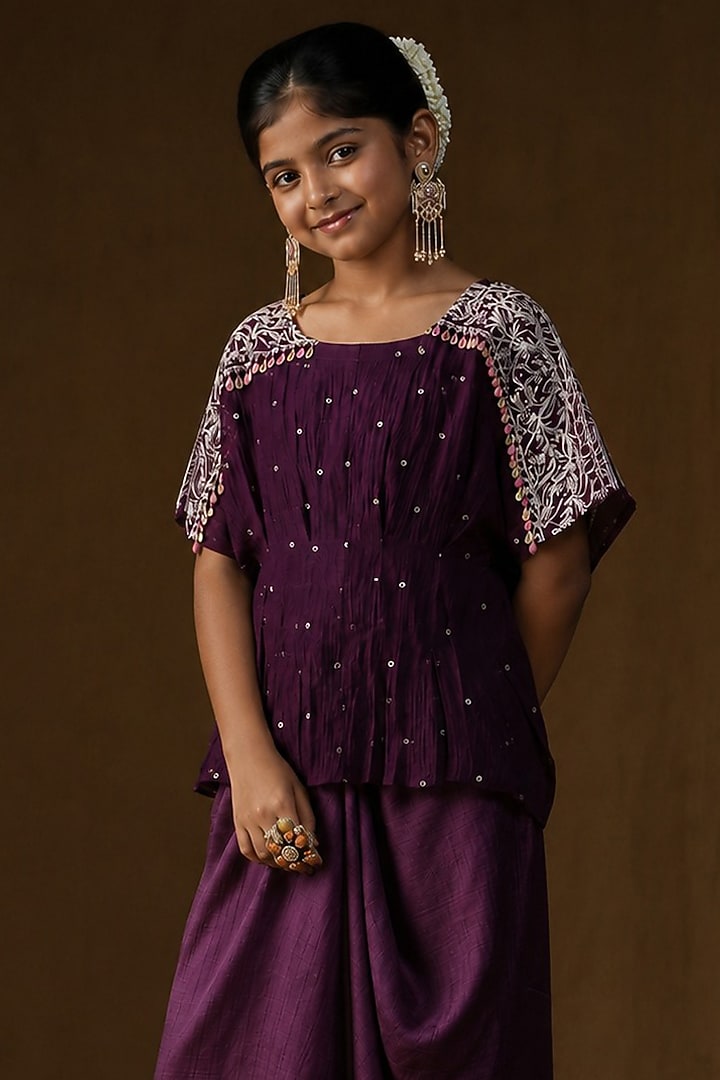 Purple Summer Silk Embroidered Draped Skirt Set For Girls by Arpita Sulakshana Kids at Pernia's Pop Up Shop