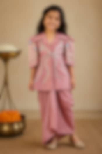 Pink Summer Silk Embroidered Draped Skirt Set For Girls by Arpita Sulakshana Kids at Pernia's Pop Up Shop