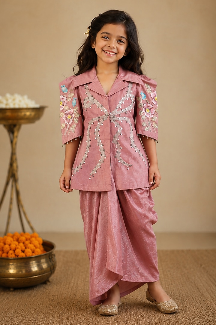 Pink Summer Silk Embroidered Draped Skirt Set For Girls by Arpita Sulakshana Kids at Pernia's Pop Up Shop