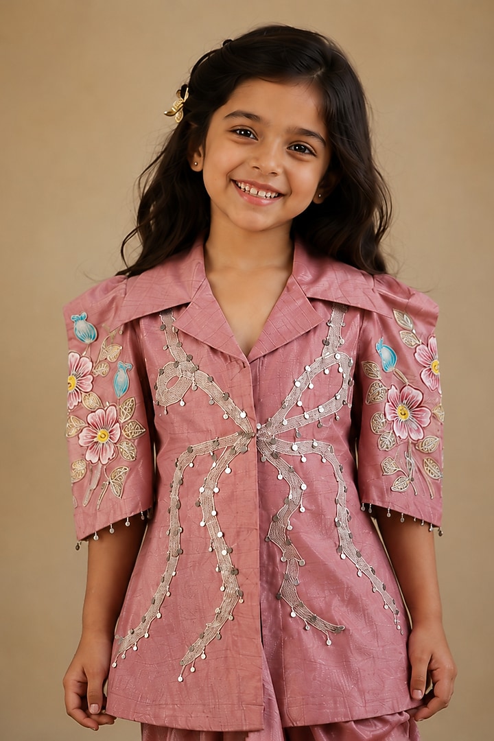 Pink Summer Silk Embroidered Draped Skirt Set For Girls by Arpita Sulakshana Kids at Pernia's Pop Up Shop