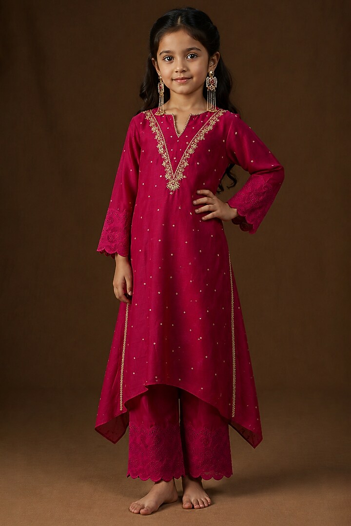 Hot Pink Mul Chanderi Kasab Embroidered A-Line Kurta Set For Girls by Arpita Sulakshana Kids at Pernia's Pop Up Shop