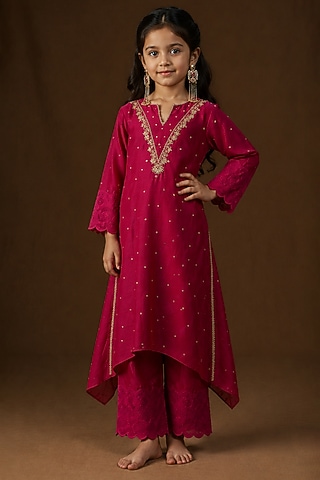 Hot Pink Mul Chanderi Kasab Embroidered A-Line Kurta Set For Girls by Arpita Sulakshana Kids