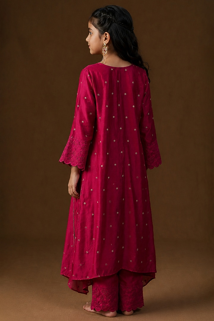 Hot Pink Mul Chanderi Kasab Embroidered A-Line Kurta Set For Girls by Arpita Sulakshana Kids at Pernia's Pop Up Shop