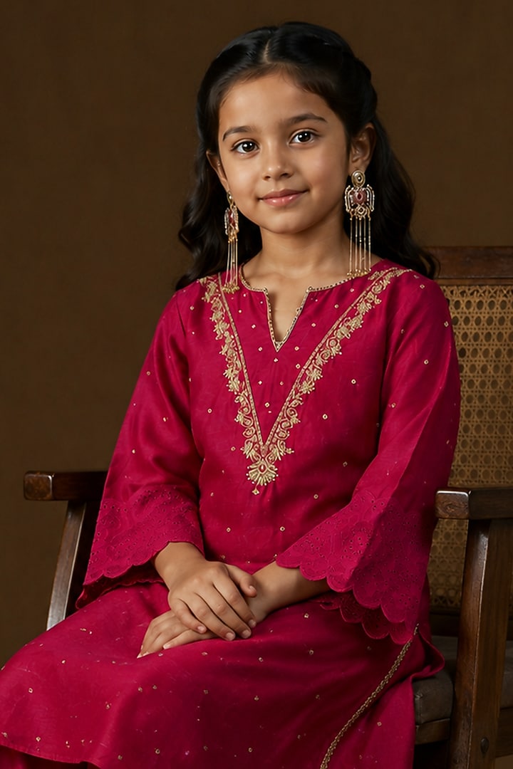 Hot Pink Mul Chanderi Kasab Embroidered A-Line Kurta Set For Girls by Arpita Sulakshana Kids at Pernia's Pop Up Shop