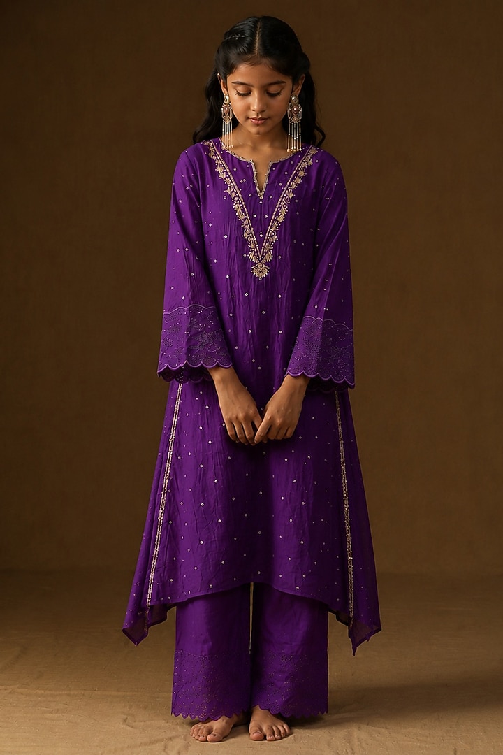 Purple Mul Chanderi Hand Embroidered A-Line Kurta Set For Girls by Arpita Sulakshana Kids at Pernia's Pop Up Shop