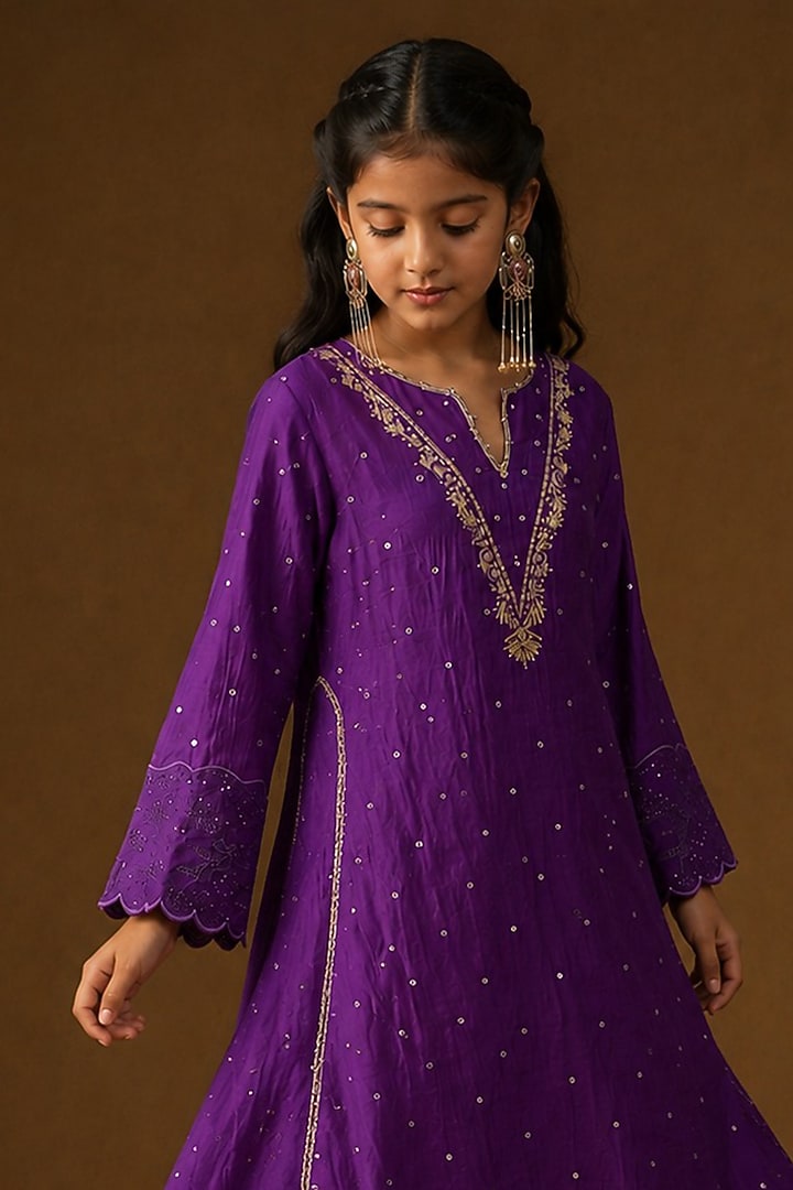 Purple Mul Chanderi Hand Embroidered A-Line Kurta Set For Girls by Arpita Sulakshana Kids at Pernia's Pop Up Shop