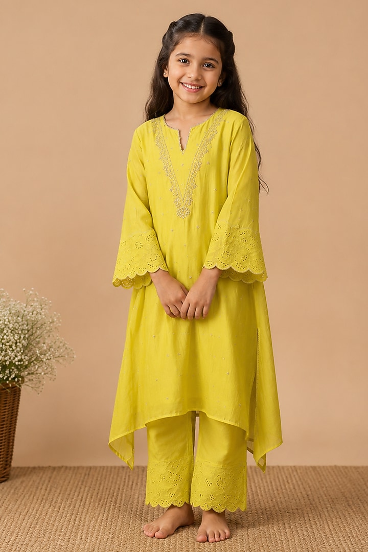 Mustard Mul Chanderi Embroidered A-Line Kurta Set For Girls by Arpita Sulakshana Kids at Pernia's Pop Up Shop