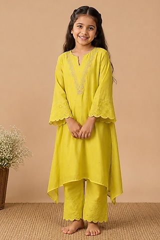 Mustard Mul Chanderi Embroidered A-Line Kurta Set For Girls by Arpita Sulakshana Kids