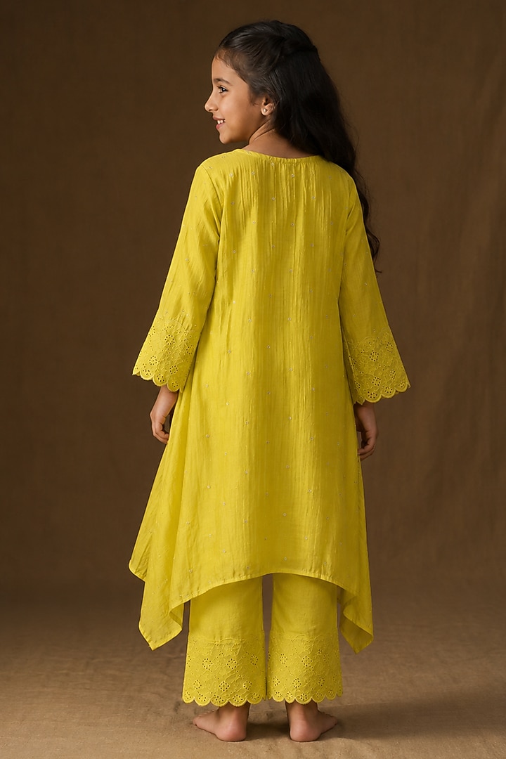 Mustard Mul Chanderi Embroidered A-Line Kurta Set For Girls by Arpita Sulakshana Kids at Pernia's Pop Up Shop