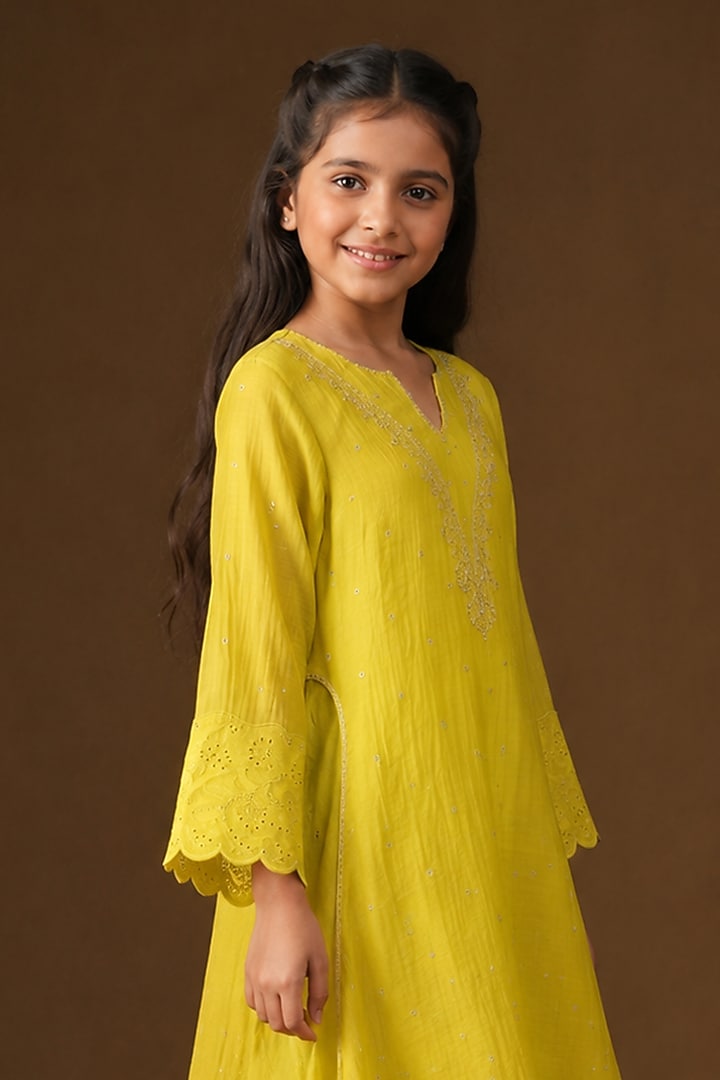 Mustard Mul Chanderi Embroidered A-Line Kurta Set For Girls by Arpita Sulakshana Kids at Pernia's Pop Up Shop