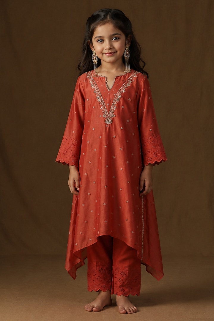 Kesar Mul Chanderi Embroidered A-Line Kurta Set For Girls by Arpita Sulakshana Kids at Pernia's Pop Up Shop
