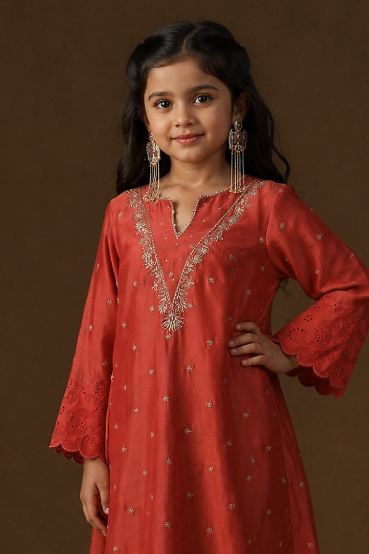 Kesar Mul Chanderi Embroidered A-Line Kurta Set For Girls by Arpita Sulakshana Kids at Pernia's Pop Up Shop