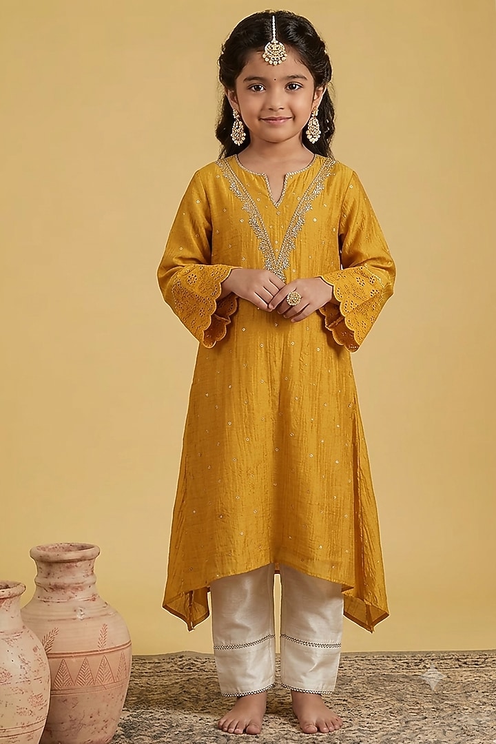 Mustard Mul Chanderi Embroidered A-Line Kurta Set For Girls by Arpita Sulakshana Kids at Pernia's Pop Up Shop