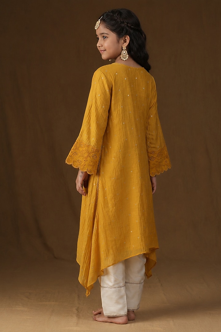 Mustard Mul Chanderi Embroidered A-Line Kurta Set For Girls by Arpita Sulakshana Kids at Pernia's Pop Up Shop