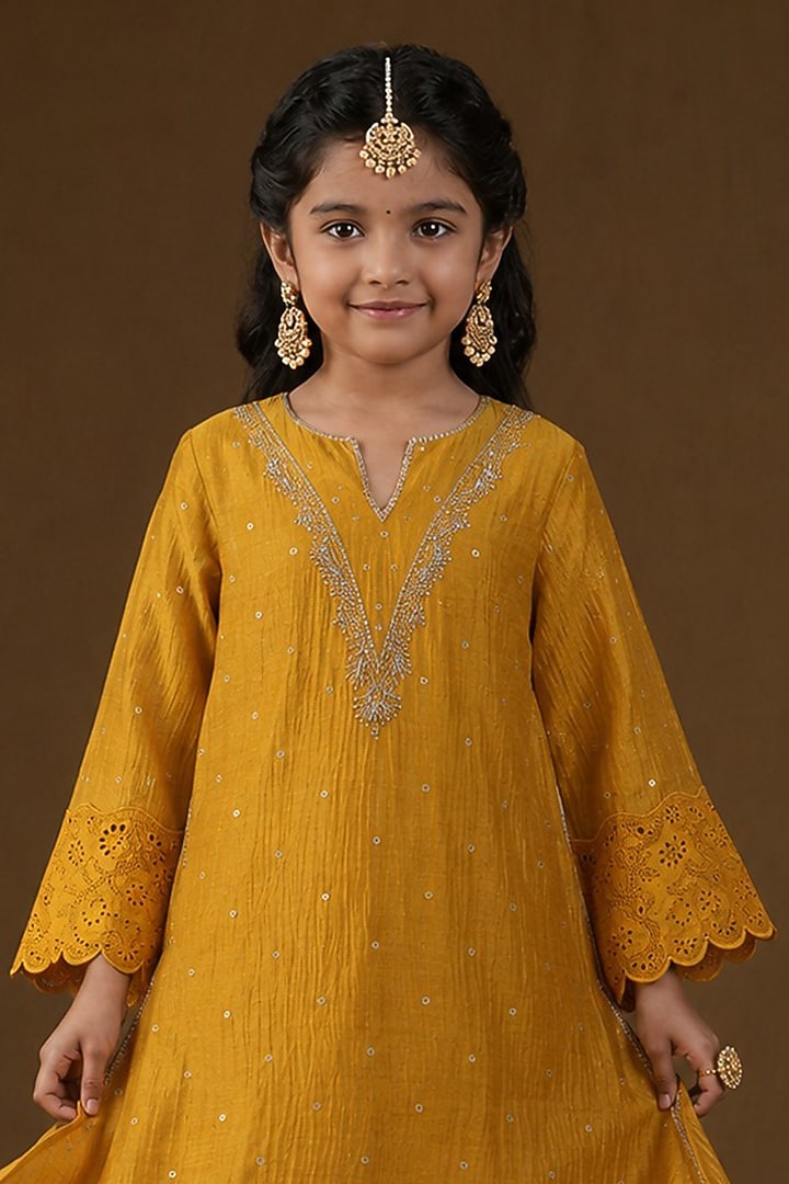 Mustard Mul Chanderi Embroidered A-Line Kurta Set For Girls by Arpita Sulakshana Kids at Pernia's Pop Up Shop
