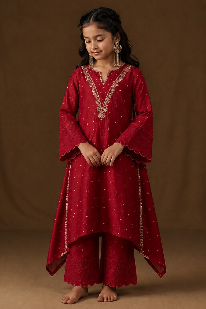 Magenta Pink Mul Chanderi Embroidered A-Line Kurta Set For Girls by Arpita Sulakshana Kids at Pernia's Pop Up Shop