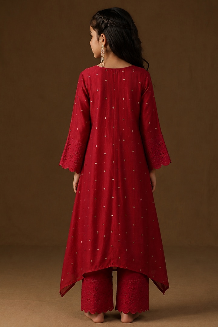 Magenta Pink Mul Chanderi Embroidered A-Line Kurta Set For Girls by Arpita Sulakshana Kids at Pernia's Pop Up Shop