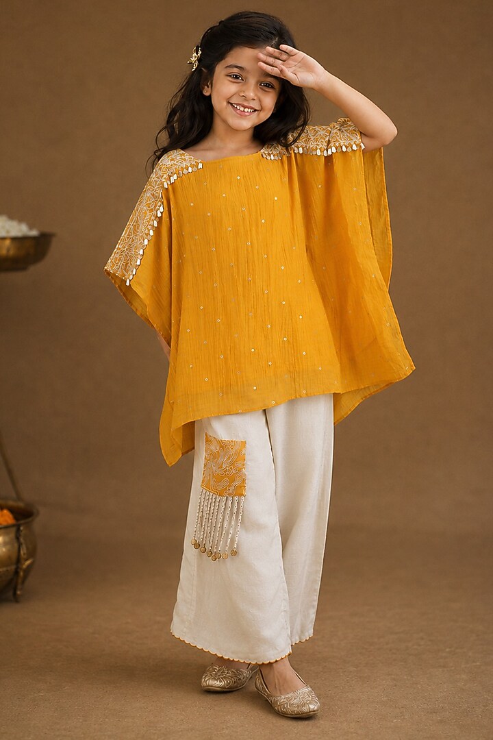 Ivory Summer Silk Embroidered Pant Set For Girls by Arpita Sulakshana Kids at Pernia's Pop Up Shop