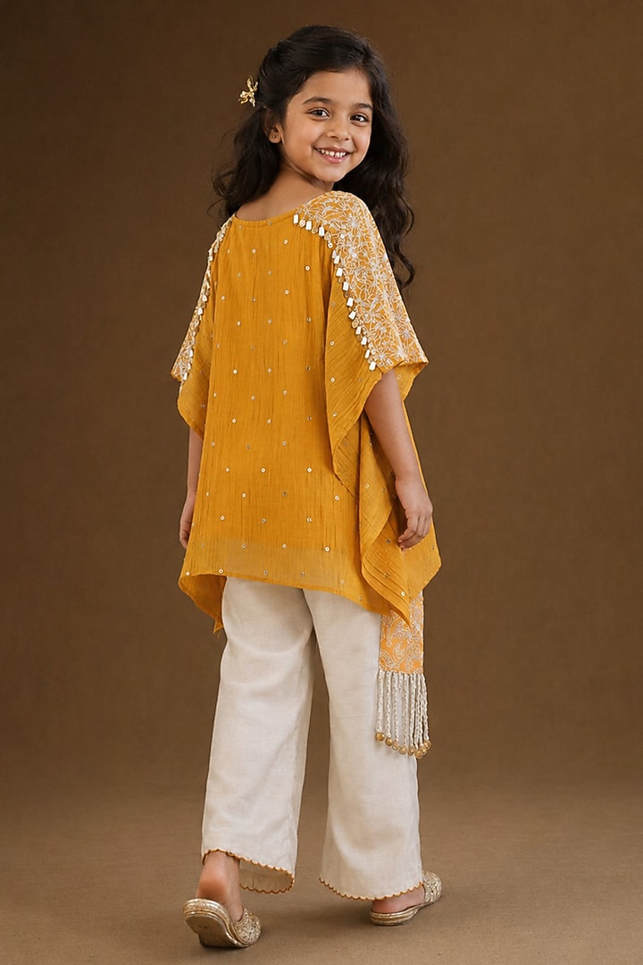 Ivory Summer Silk Embroidered Pant Set For Girls by Arpita Sulakshana Kids at Pernia's Pop Up Shop
