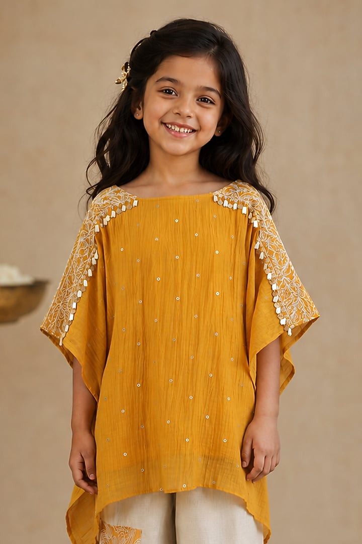 Ivory Summer Silk Embroidered Pant Set For Girls by Arpita Sulakshana Kids at Pernia's Pop Up Shop