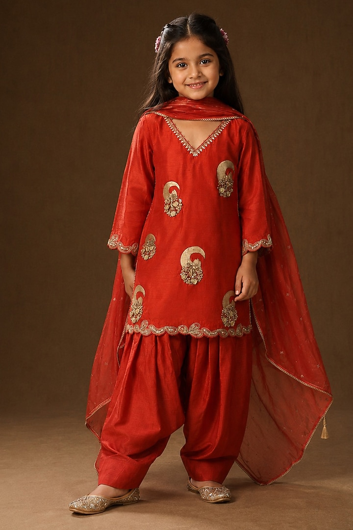 Burnt Orange Summer Silk Dori Embroidered Kurta Set For Girls by Arpita Sulakshana Kids at Pernia's Pop Up Shop