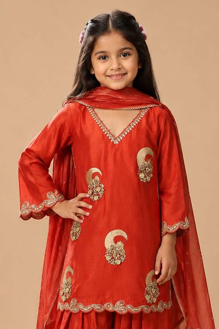 Burnt Orange Summer Silk Dori Embroidered Kurta Set For Girls by Arpita Sulakshana Kids at Pernia's Pop Up Shop