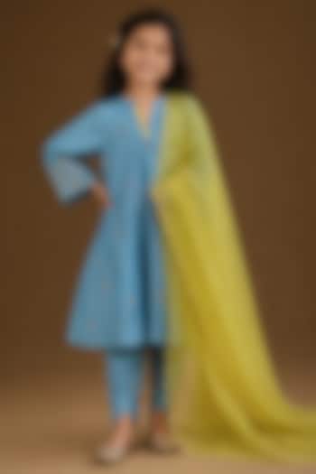 Firozi Blue Summer Silk Gota Patti Embroidered Kurta Set For Girls by Arpita Sulakshana Kids at Pernia's Pop Up Shop