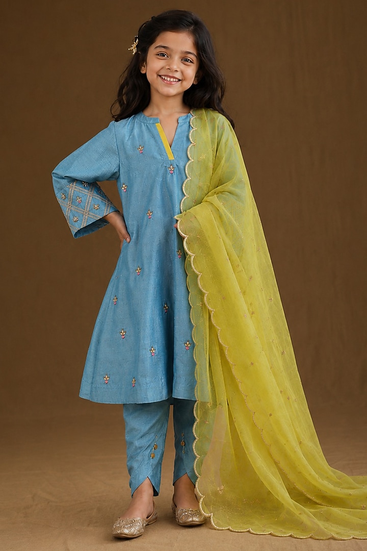 Firozi Blue Summer Silk Gota Patti Embroidered Kurta Set For Girls by Arpita Sulakshana Kids at Pernia's Pop Up Shop