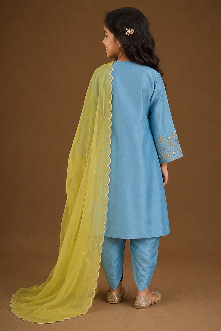 Firozi Blue Summer Silk Gota Patti Embroidered Kurta Set For Girls by Arpita Sulakshana Kids at Pernia's Pop Up Shop