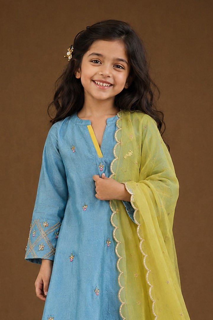 Firozi Blue Summer Silk Gota Patti Embroidered Kurta Set For Girls by Arpita Sulakshana Kids at Pernia's Pop Up Shop